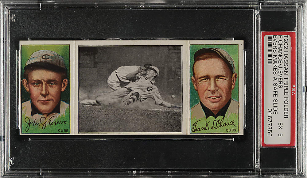 1912 T202 Hassan Triple Folder "Evers Makes A Safe Slide" Joe Tinker/Frank Chance PSA EX 5