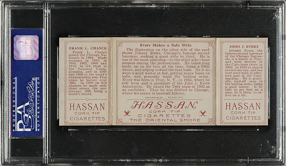 1912 T202 Hassan Triple Folder "Evers Makes A Safe Slide" Joe Tinker/Frank Chance PSA EX 5
