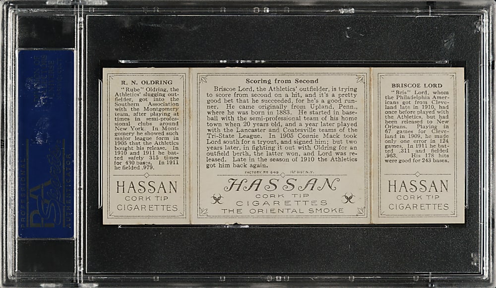 1912 T202 Hassan Triple Folder "Scoring From Second" Lord/Oldring PSA EX 5