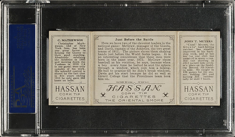 1912 T202 Hassan Triple Folder "Just Before The Battle" Christy Mathewson/Meyers PSA VG-EX 4
