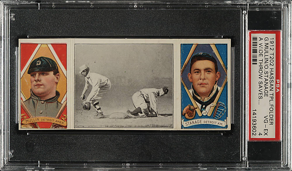 1912 T202 Hassan Triple Folder "A Wide Throw Saves Crawford" Stanage/Mullin PSA VG-EX 4