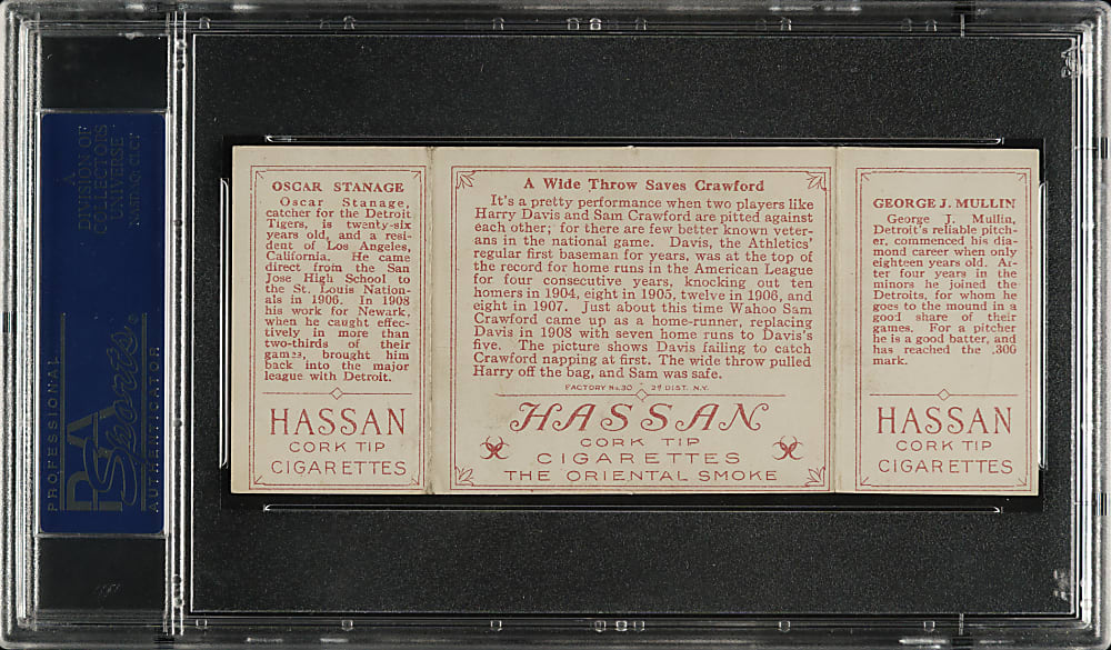 1912 T202 Hassan Triple Folder "A Wide Throw Saves Crawford" Stanage/Mullin PSA VG-EX 4