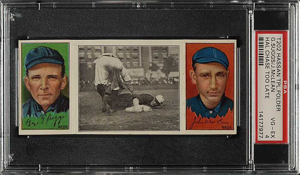 1912 T202 Hassan Triple Folder "Hal Chase Too Late" Suggs/McLean PSA VG-EX 4