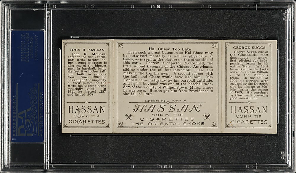 1912 T202 Hassan Triple Folder "Hal Chase Too Late" Suggs/McLean PSA VG-EX 4