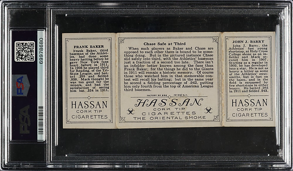 1912 T202 Hassan Triple Folder "Chase Safe At Third" Frank "Home Run" Baker/Barry PSA VG-EX 4