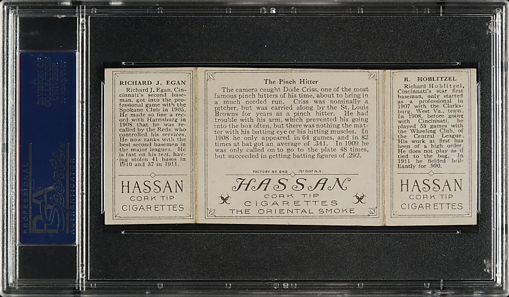 1912 T202 Hassan Triple Folder "The Pinch Hitter" Hoblitzel/Egan PSA VG-EX 4 (MC)
