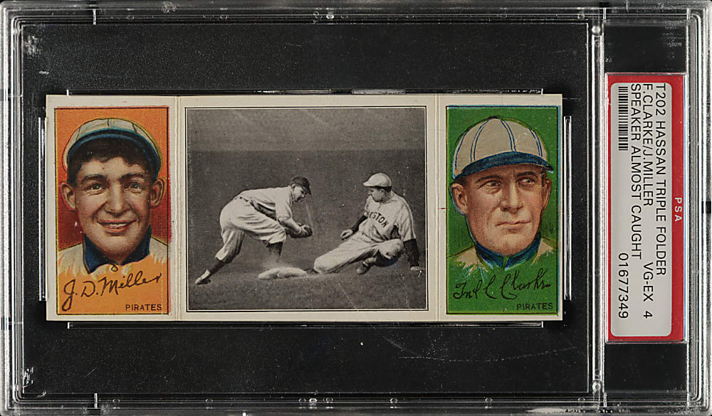 1912 T202 Hassan Triple Folder "Speaker Almost Caught" Fred Clarke/Miller PSA VG-EX 4