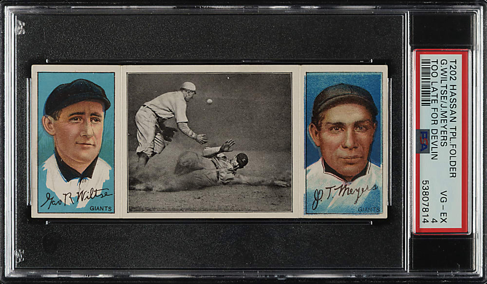 1912 T202 Hassan Triple Folder "Too Late For Devlin" Meyers/Wiltse PSA VG-EX 4