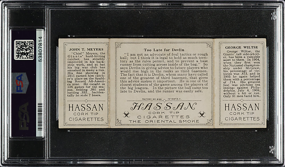 1912 T202 Hassan Triple Folder "Too Late For Devlin" Meyers/Wiltse PSA VG-EX 4