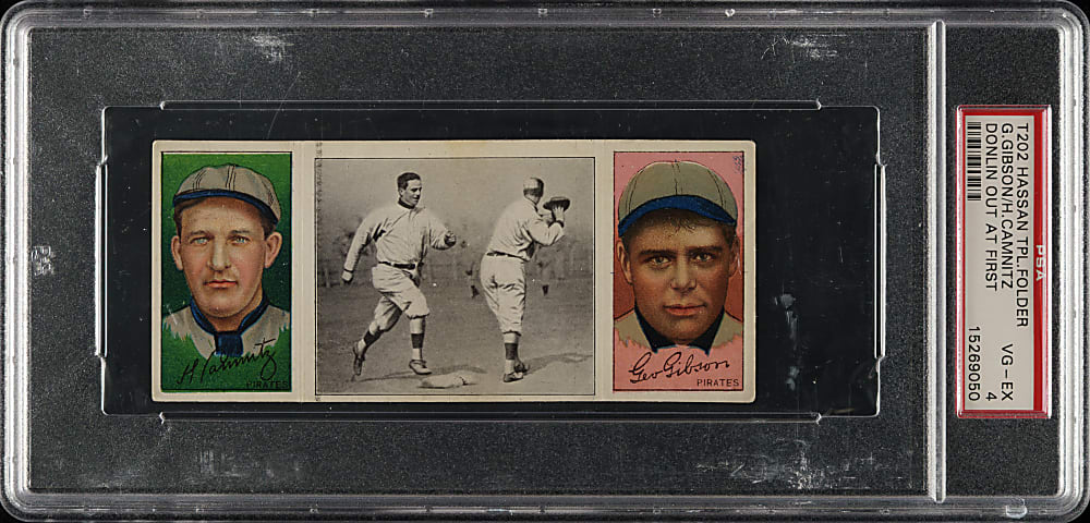 1912 T202 Hassan Triple Folder "Donlin Out at First" Gibson/Camnitz PSA VG-EX 4