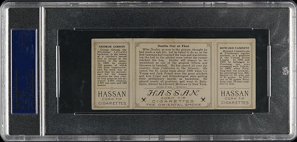 1912 T202 Hassan Triple Folder "Donlin Out at First" Gibson/Camnitz PSA VG-EX 4