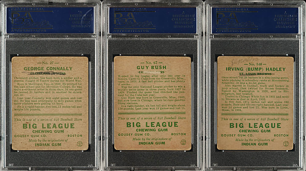 1933 R319 Goudey PSA VG 3 (MK) Trio: Guy Bush, Bump Hadley and George Conally