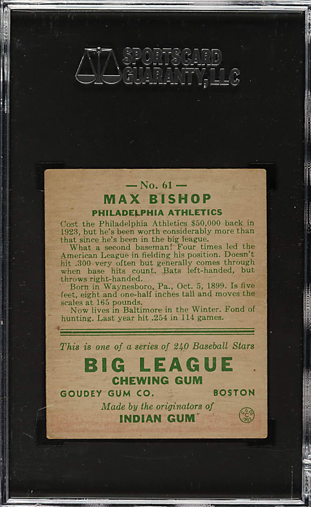 1933 R319 Goudey #61 Max Bishop SGC EX 5