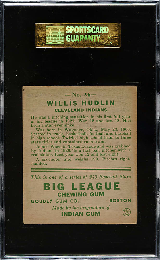 1933 R319 Goudey #96 Willis Hudlin SGC EX 60