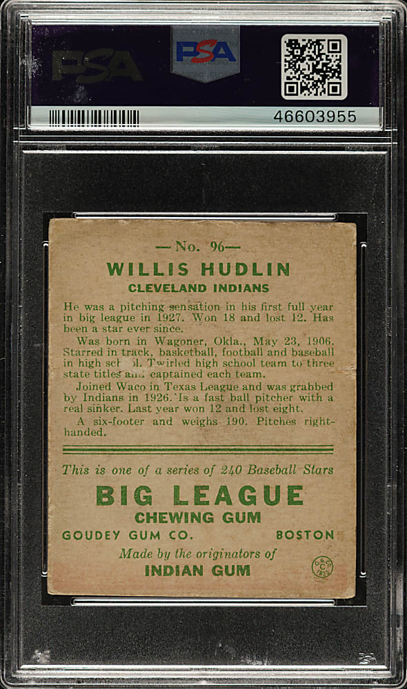 1933 R319 Goudey #96 Willis Hudlin PSA VG-EX 4