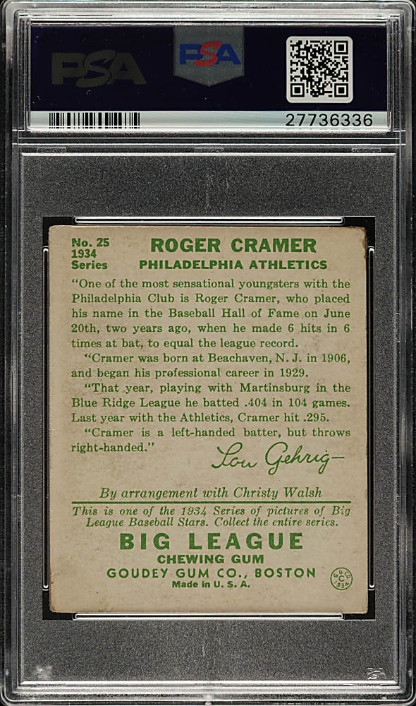1934 R320 Goudey #25 Roger Cramer PSA VG 3