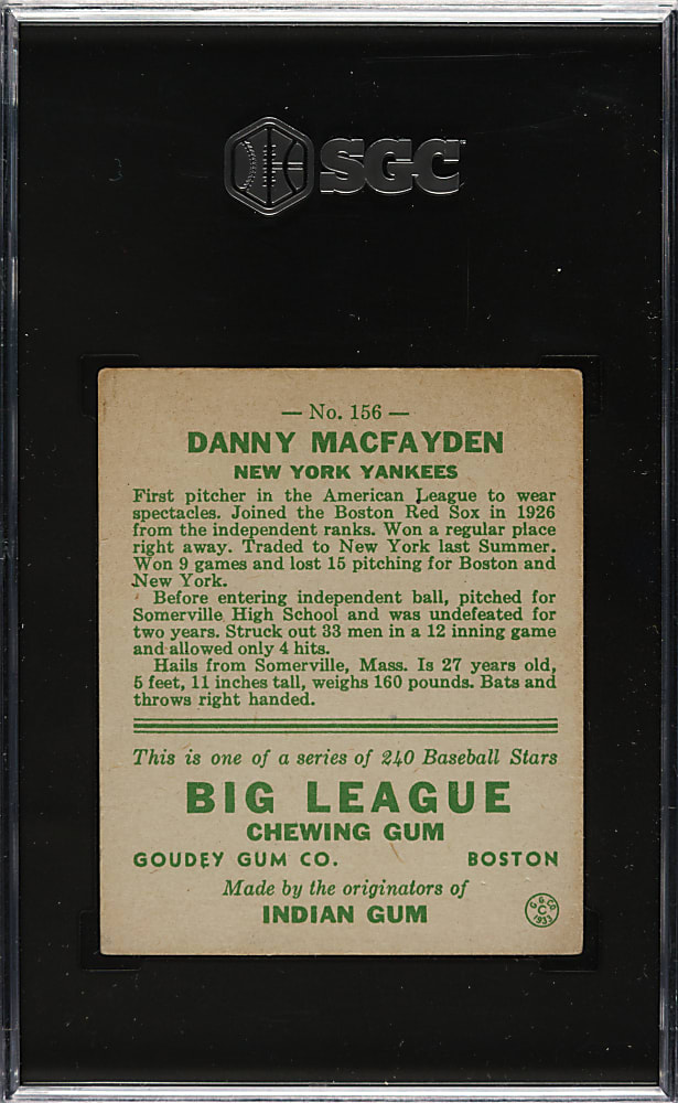 1933 R319 Goudey #156 Danny MacFayden SGC VG/EX 4