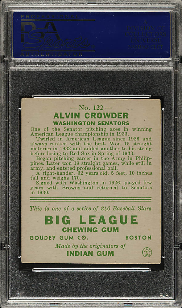 1933 R319 Goudey #122 Alvin Crowder PSA VG-EX 4