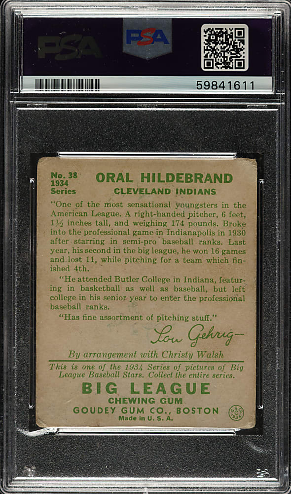 1934 R320 Goudey #38 Oral Hildebrand PSA FAIR 1.5