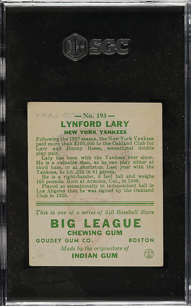 1933 R319 Goudey #193 Lynford Lary SGC VG/EX 4