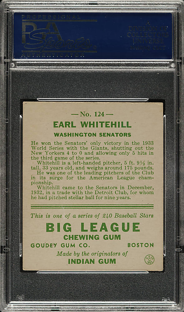 1933 R319 Goudey #124 Earl Whitehill PSA VG-EX 4