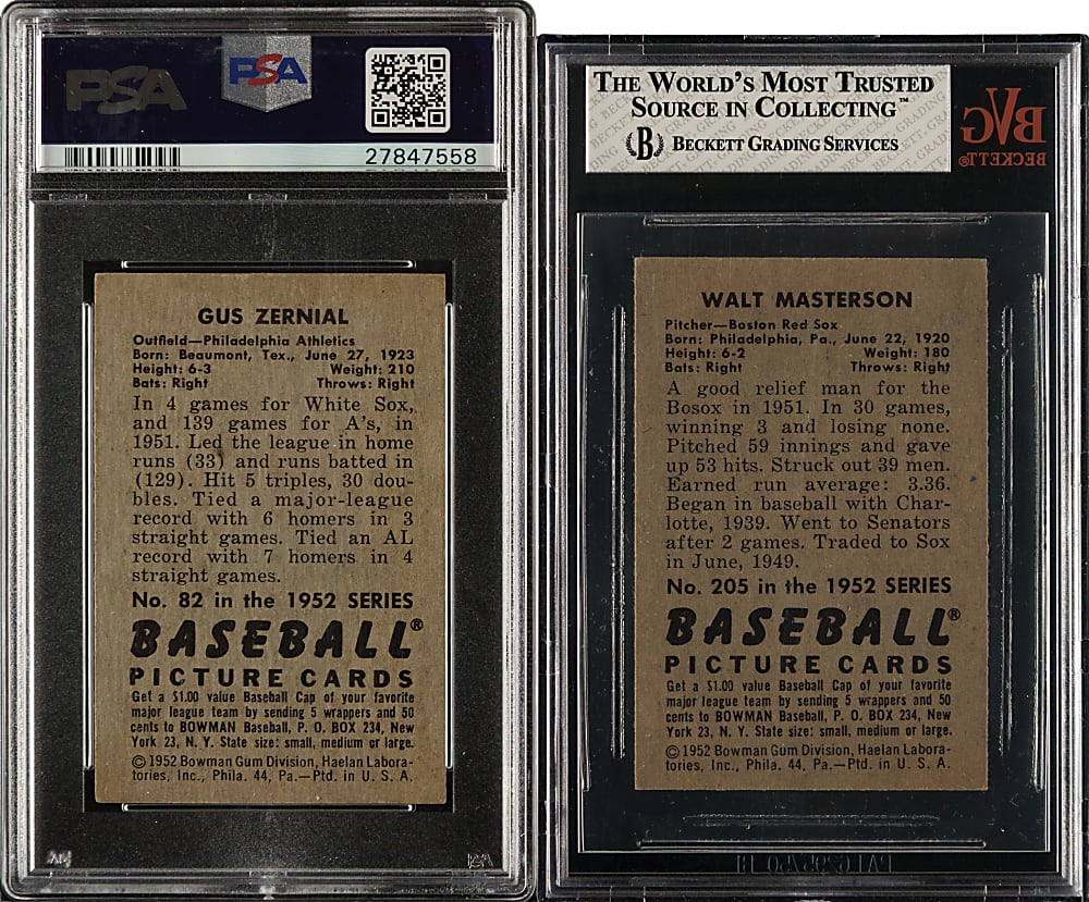 1952 Bowman #82 Gus Zernial and #205 Walt Masterson PSA- and BVG-Graded Pair