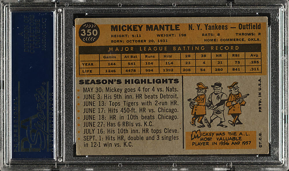 1960 Topps #350 Mickey Mantle PSA VG+ 3.5