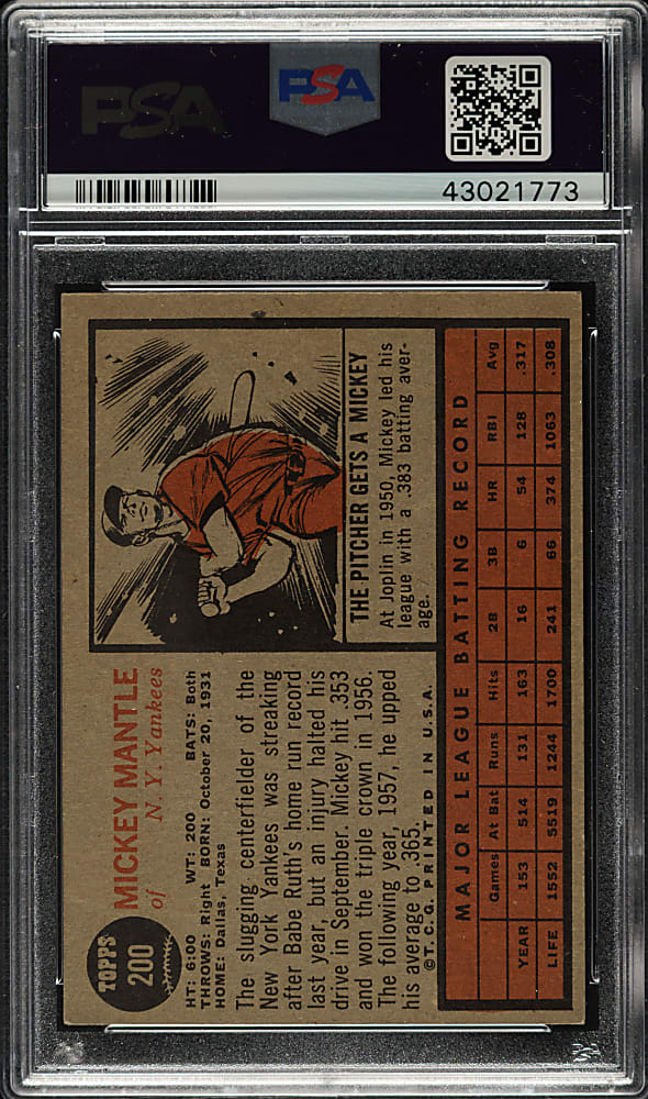 1962 Topps #200 Mickey Mantle PSA VG-EX 4