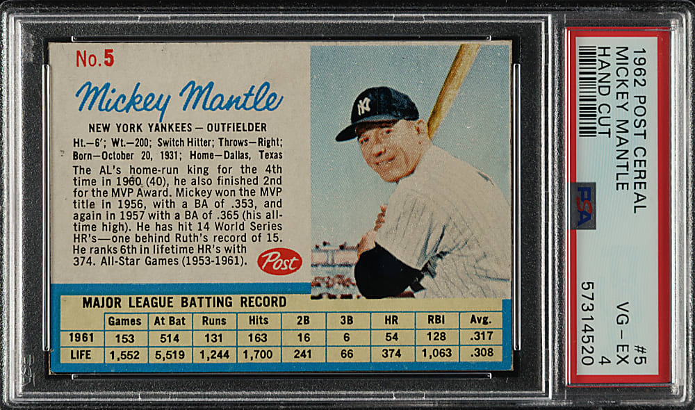 1962 Post Cereal #5 Mickey Mantle PSA VG-EX 4
