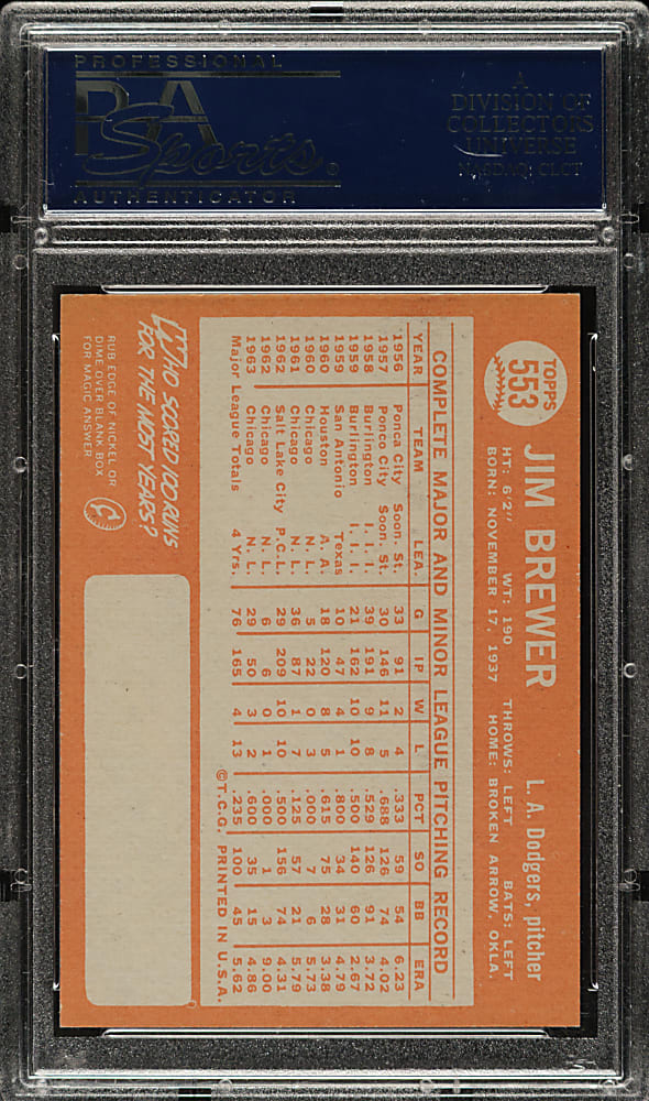 1964 Topps #553 Jim Brewer PSA MINT 9