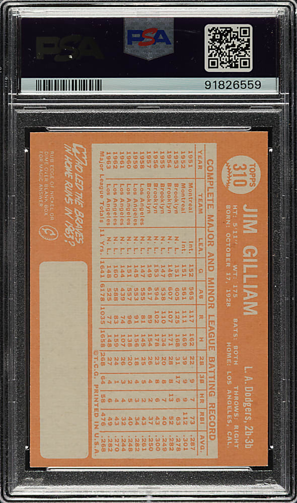 1964 Topps #310 Jim Gilliam PSA MINT 9