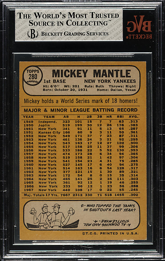 1968 Topps #280 Mickey Mantle BVG EX-MT+ 6.5