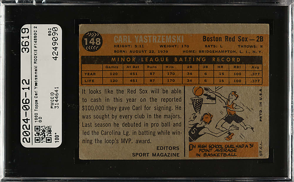 1960 Topps #148 Carl Yastrzemski Rookie SGC GOOD 2