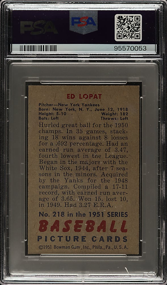 1951 Bowman #218 Ed Lopat PSA NM-MT 8