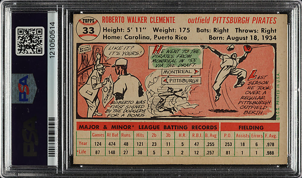 1956 Topps #33 Roberto Clemente White Back PSA VG-EX 4