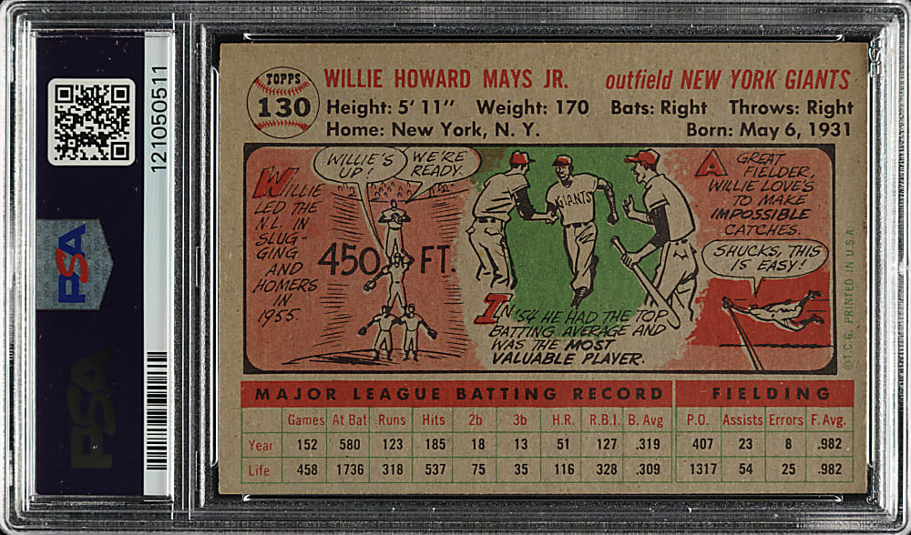 1956 Topps #130 Willie Mays Gray Back PSA EX 5