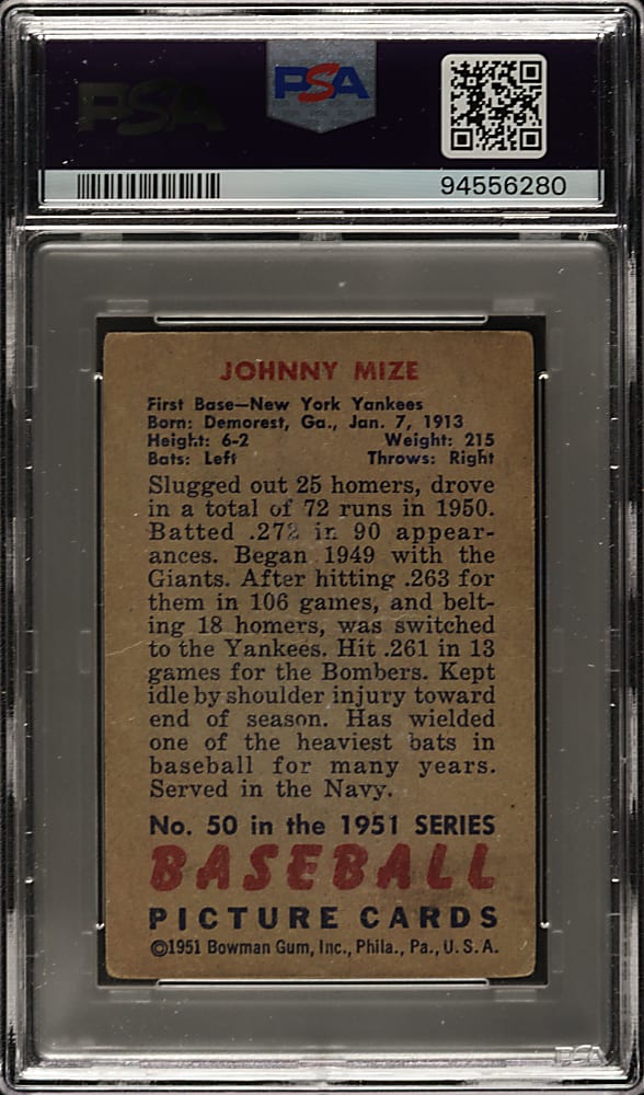Signed 1951 Bowman #50 Johnny Mize PSA/DNA GEM MINT 10