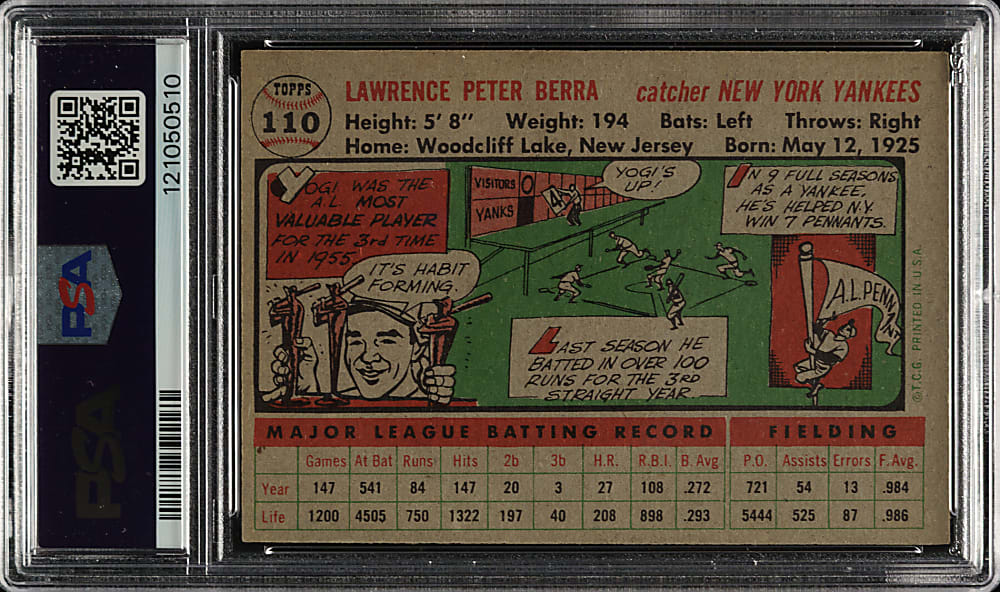 1956 Topps #110 Yogi Berra Gray Back PSA EX 5