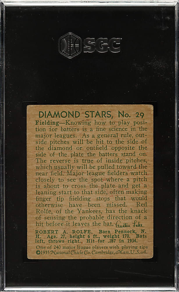 1934-1936 R327 Diamond Stars #29 Red Rolfe SGC VG/EX 4