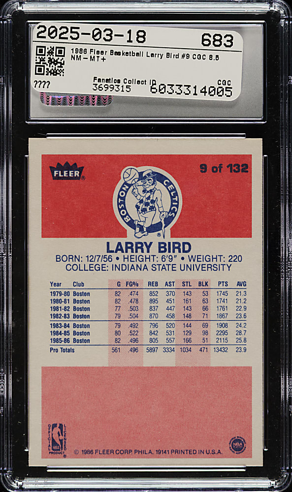 1986-1987 Fleer Basketball #9 Larry Bird CGC NM/MINT+ 8.5