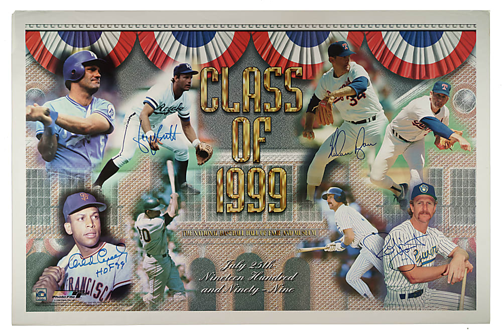 Hall of Fame Class of 1999 Multi-Signed Poster with Ryan, Brett, Cepeda, and Yount