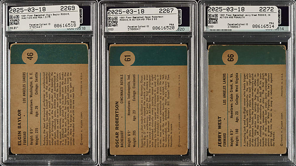 1961-1962 Fleer Basketball PSA-Graded Trio: Oscar Robertson, Elgin Baylor and Jerry West