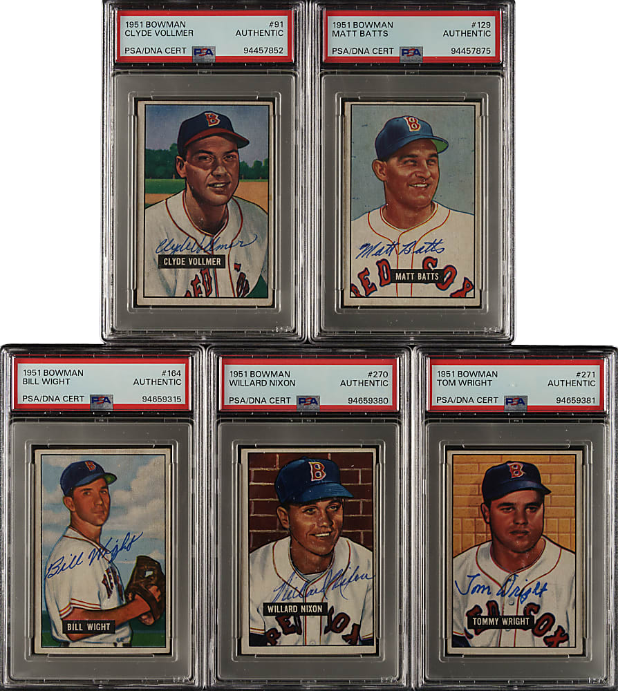 Signed 1951 Bowman Collection (5): Vollmer, Batts, Wight, Nixon and Wright - PSA/DNA