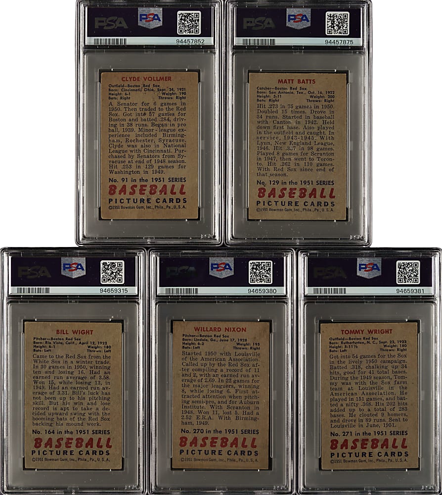 Signed 1951 Bowman Collection (5): Vollmer, Batts, Wight, Nixon and Wright - PSA/DNA