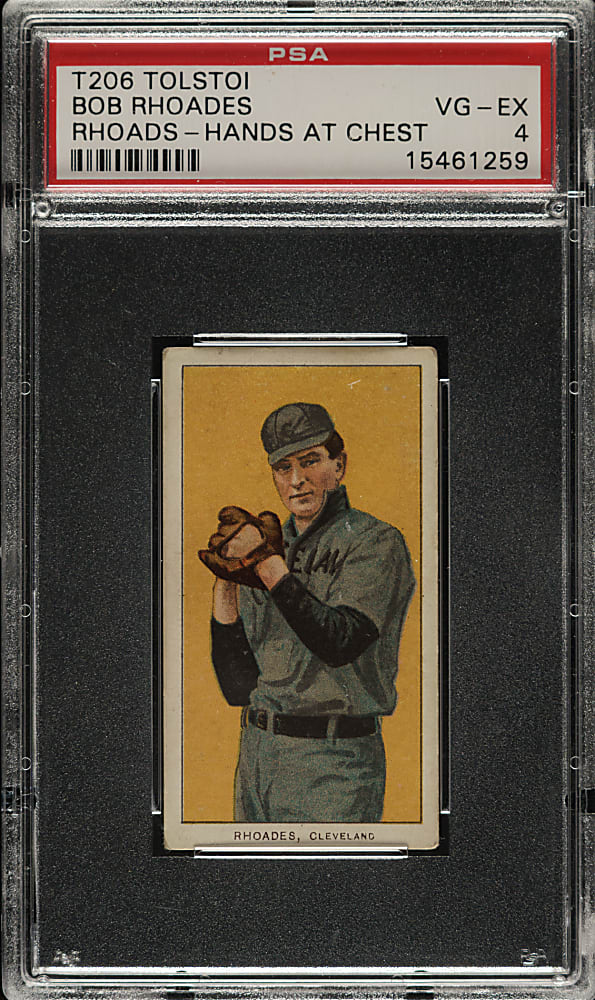 1909-1911 T206 White Border Bob Rhoades Hands at Chest PSA VG-EX 4 - Tolstoi Back