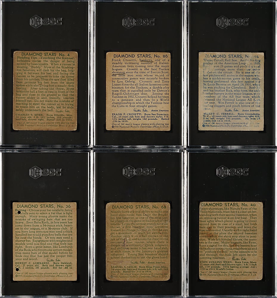 1934-1936 R327 Diamond Stars SGC-Graded Collection (6) Including Ernie Lombardi