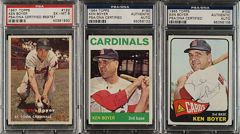 Signed 1957 to 1965 Topps Ken Boyer Trio - PSA/DNA