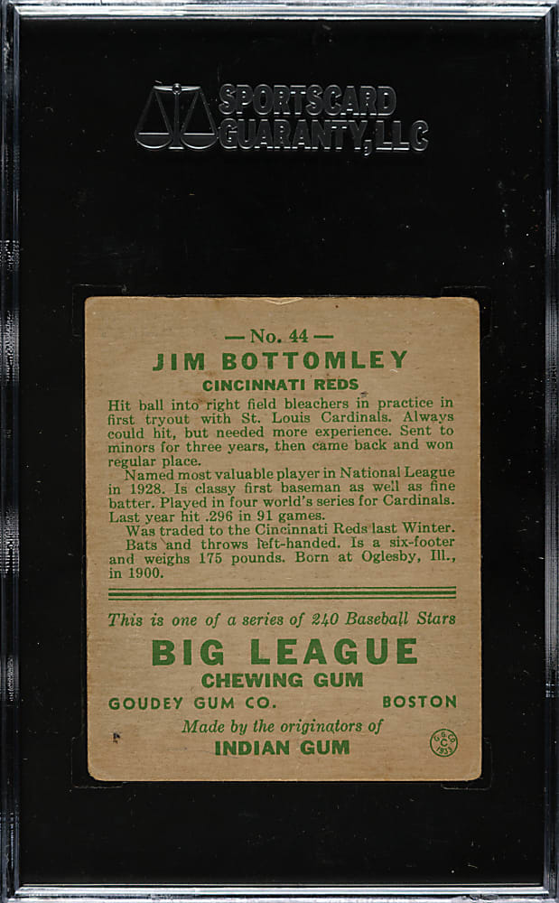 1933 R319 Goudey #44 Jim Bottomley SGC VG 40