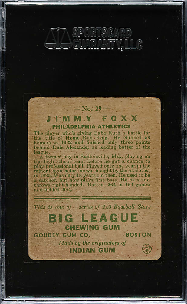 1933 R319 Goudey #29 Jimmy Foxx SGC VG 40
