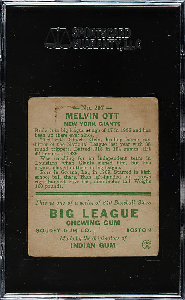 1933 R319 Goudey #207 Mel Ott SGC FAIR 20